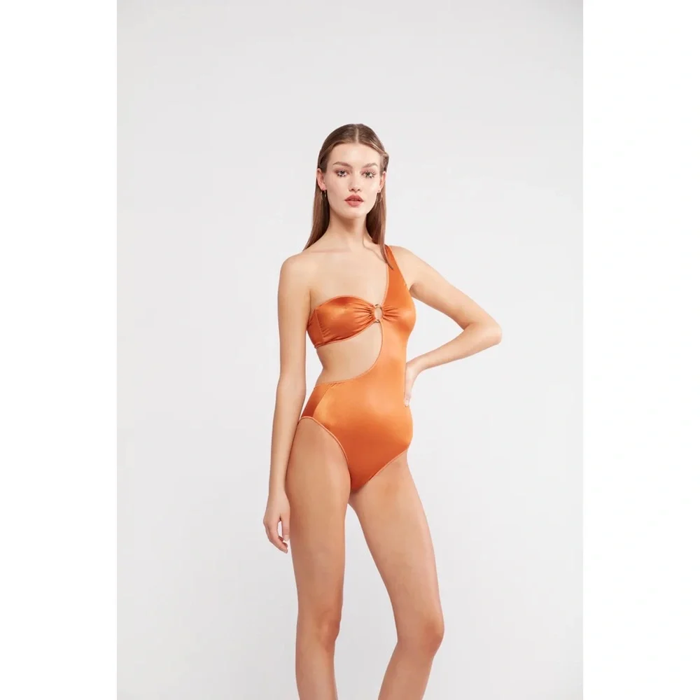 Oseree Glow Asymmetric Maillot One Piece Cutout O Ring Swimsuit NWT Bronze - Picture 9 of 15